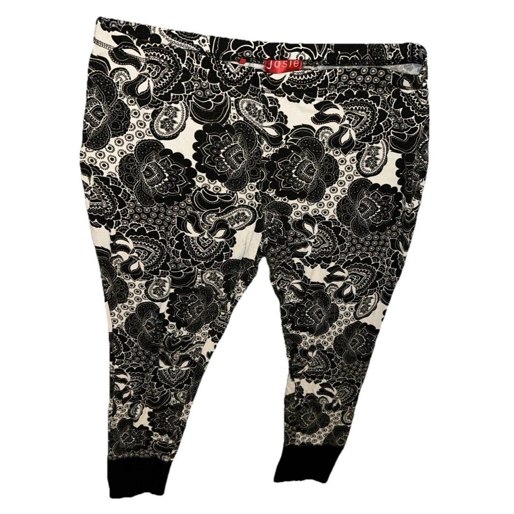 Josie Large Paisley Black & White Lounge Ankle Pull On Stretch Elastic Pants